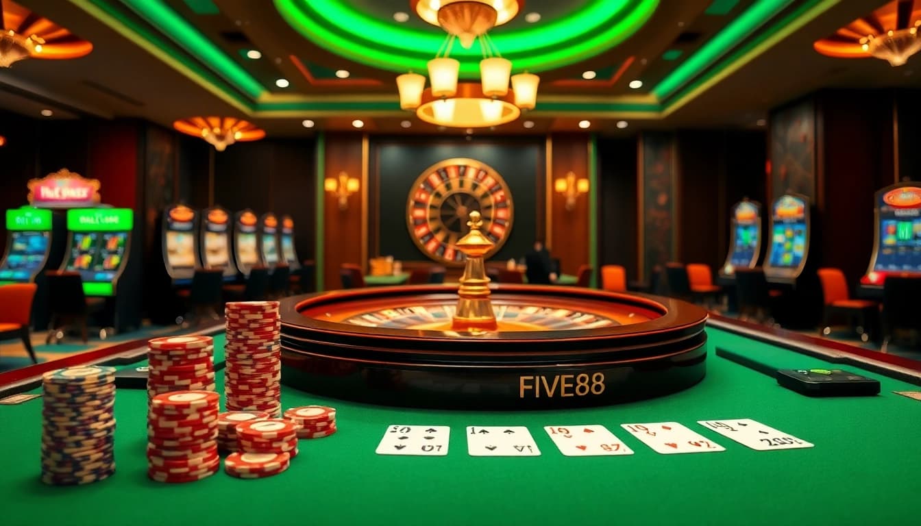 FIVE88 casino scene featuring luxurious gaming tables and poker chips.