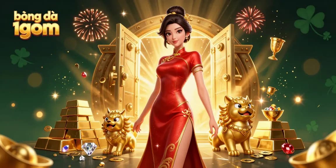 Bet on bóng đá 1gom with a glamorous Asian woman, rich treasures, and vibrant fireworks