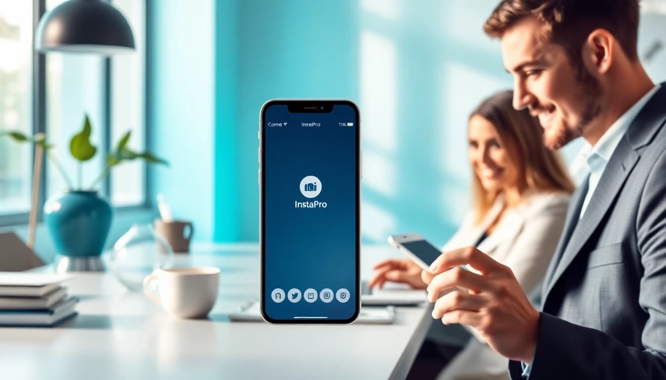 InstaPro app interface displayed on a smartphone, conveying innovation and user-friendliness.