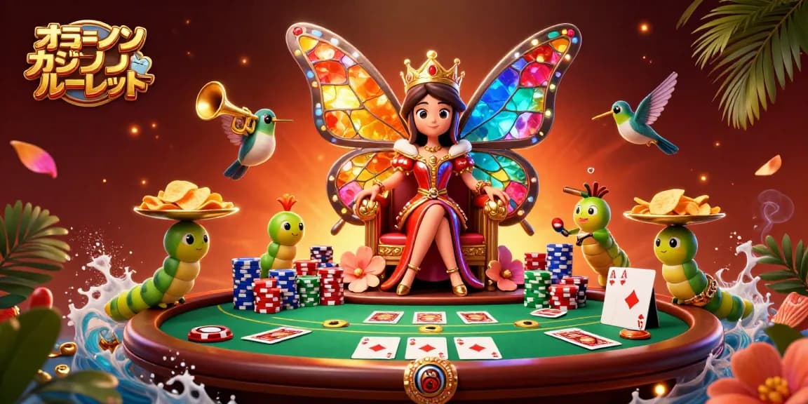 オンラインカジノルーレットをテーマにしたカラフルな3Dイラスト、ルーレットとポーカーチップが満載。
