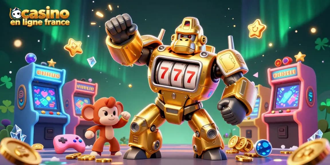 Profitez des jeux sur casino en ligne France avec le méca gorille aux rouleaux lumineux et des machines colorées.