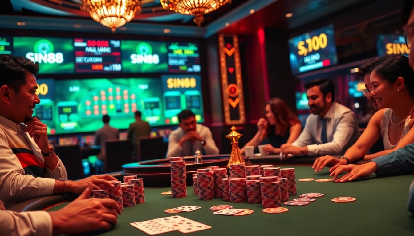SIN88 branding on a vibrant poker table showcasing high-stakes gambling excitement with professional players and chips.