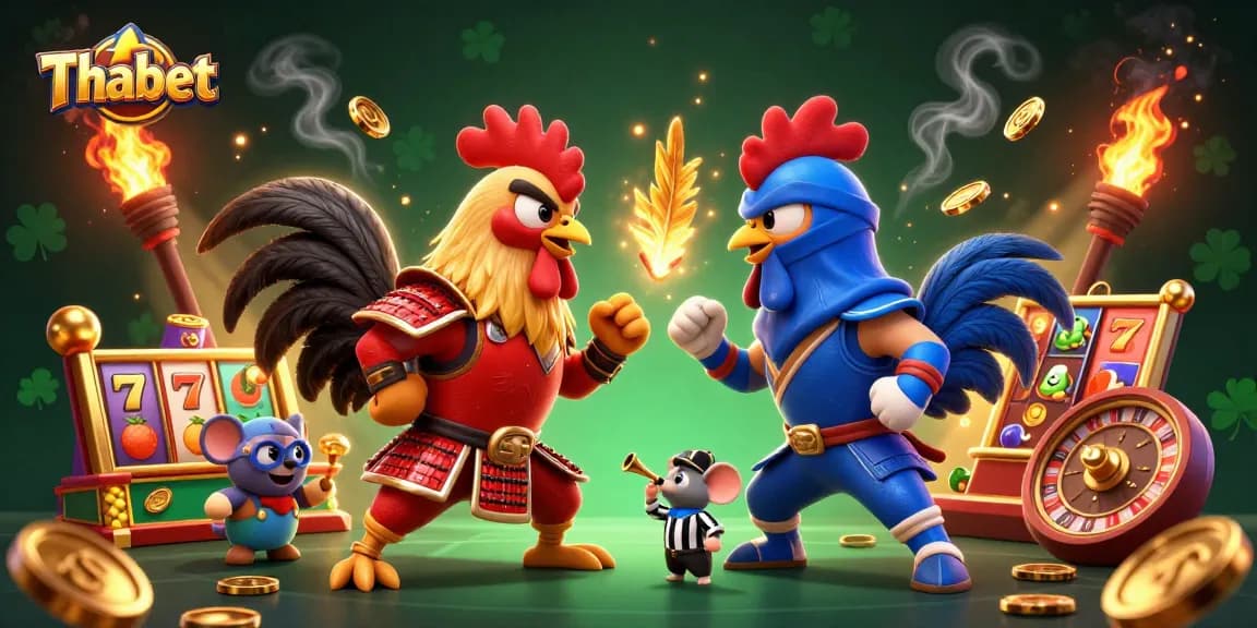 Experience the thrilling standoff at Thabet Casino with cartoon roosters and dynamic game elements.