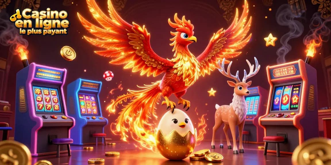 Image dynamique du casino en ligne le plus payant avec un phoenix et des éléments de jeu colorés.