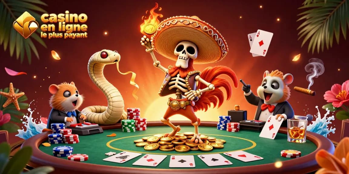Illustration dynamique représentant le casino en ligne le plus payant avec des personnages animés et des éléments de jeux.