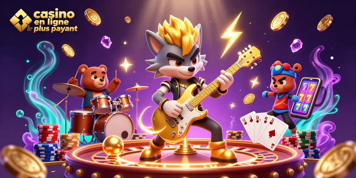 Célébrez le casino en ligne le plus payant avec une scène dynamique de jeu, incluant des personnages animés et des éléments de jeux.