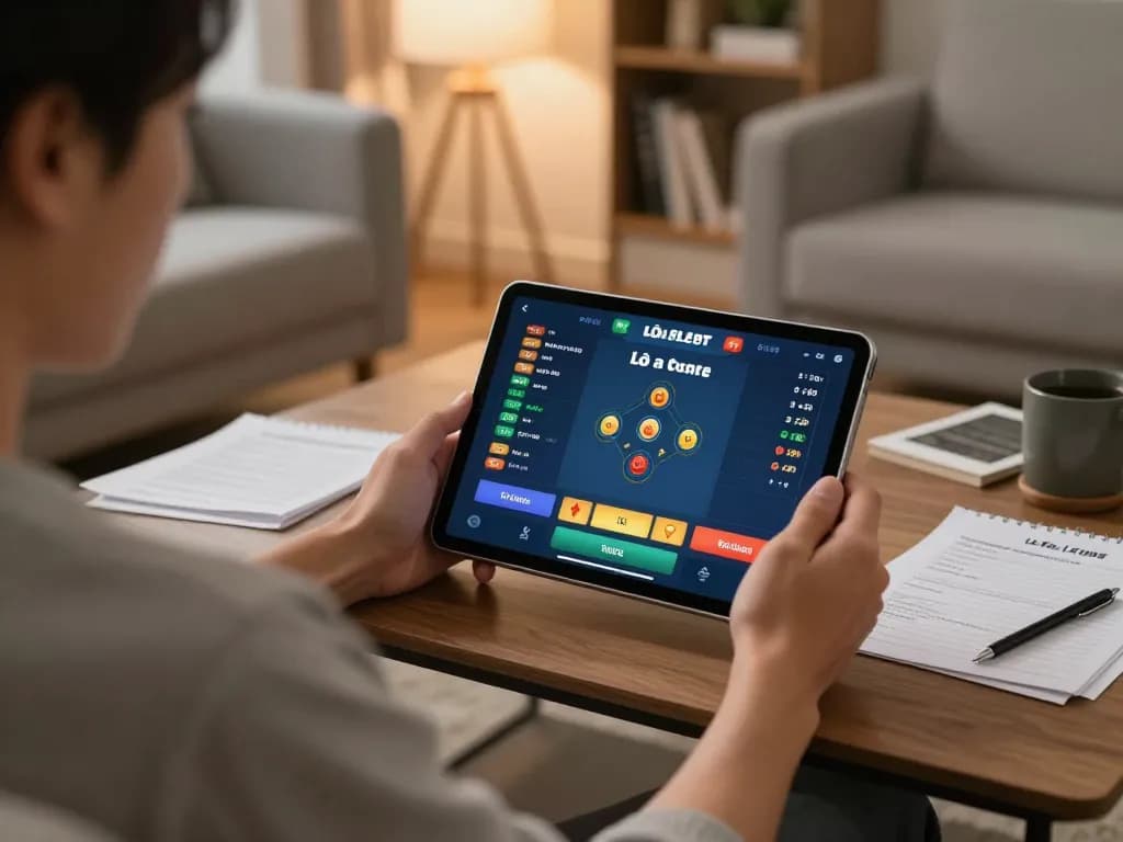 Lô đề online gaming at home with a cozy atmosphere, showcasing tablet gameplay and strategy notes.