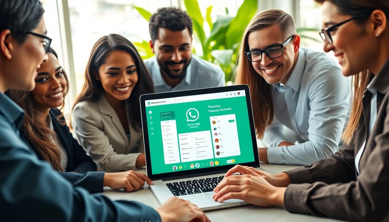 Engaged team using WhatsApp Business CRM for effective collaboration in a modern office.