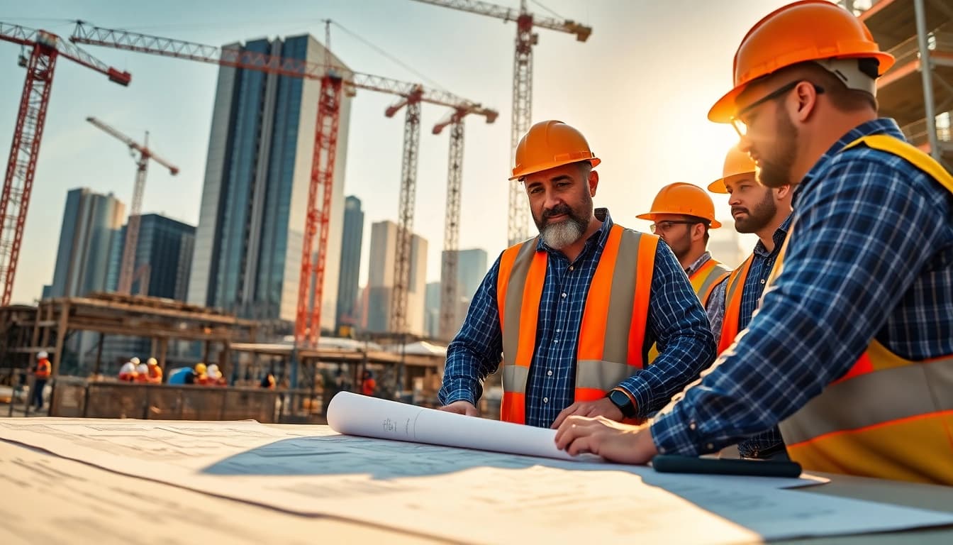 Manhattan General Contractor supervising a construction site with diverse crew and blueprints.