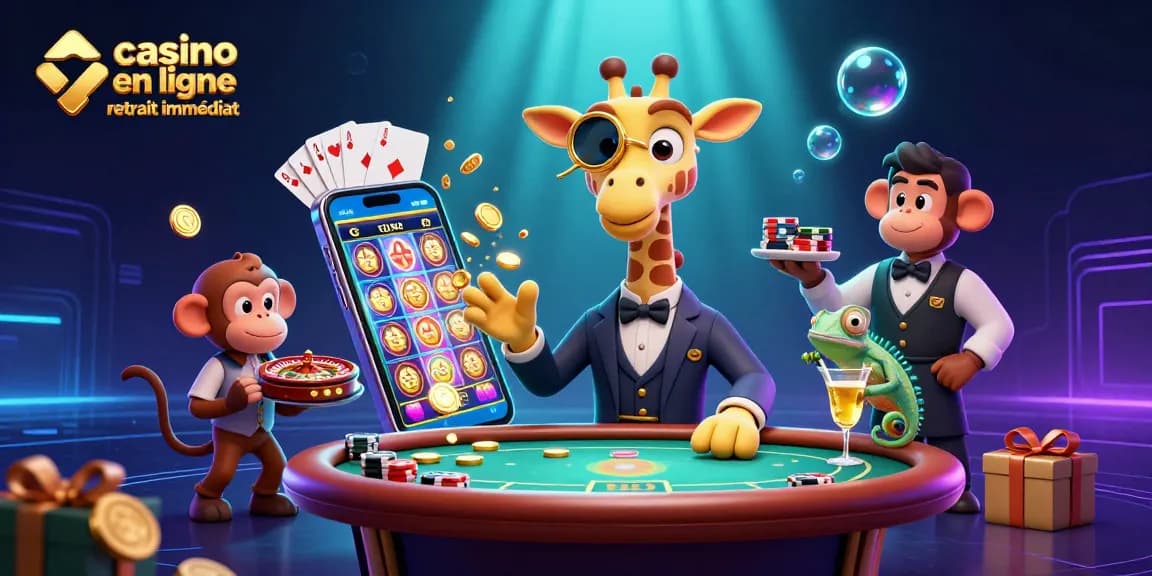 Vivez l'expérience des jeux d'argent avec casino en ligne retrait immédiat entouré d'un joueur giraffe et d'un barman caméléon