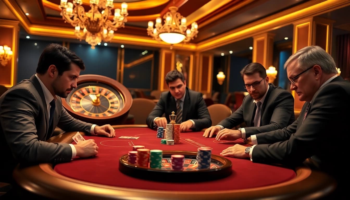 Intense poker gameplay at https://five88sss.com/ showcasing skill and strategy in a luxurious casino.