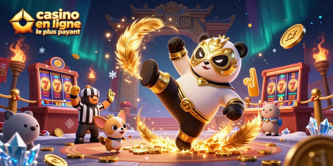 Illustration dynamique d'un tournoi de casino en ligne le plus payant avec panda lutteur 3D et chihuahua arbitre