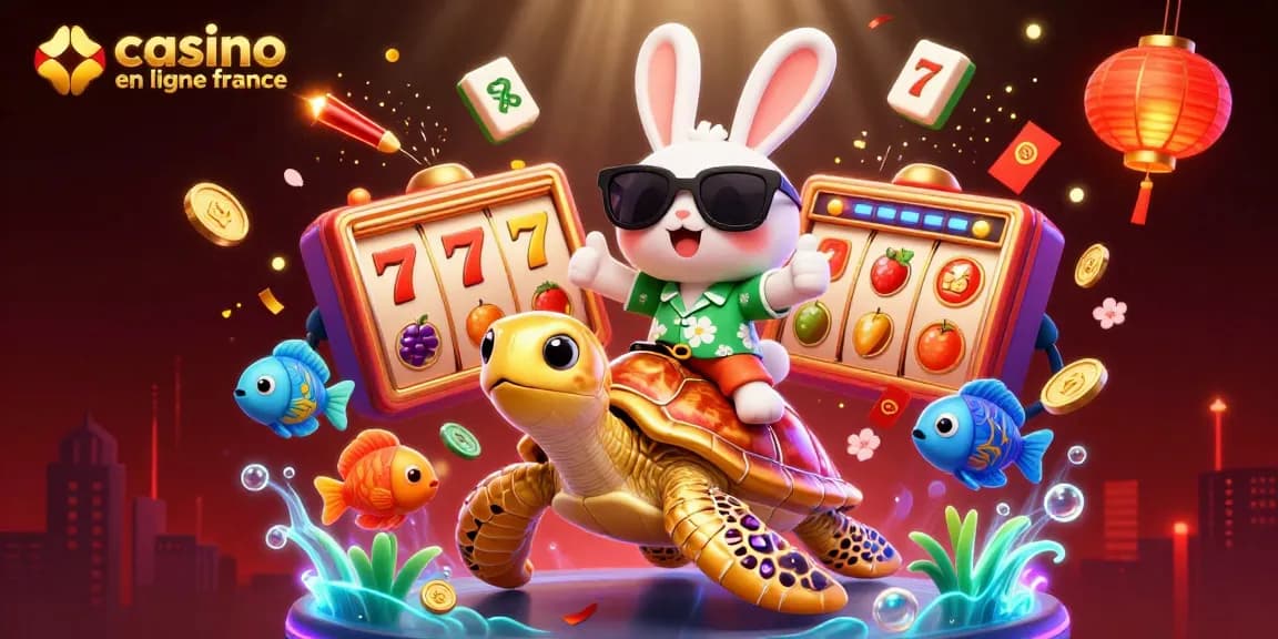 Profitez du jeu passionnant sur casino en ligne en France avec un lapin chanceux et une tortue dorée.