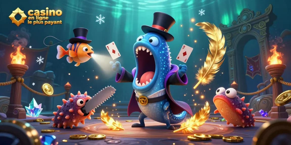 Cette illustration dynamique montre le "casino en ligne le plus payant" avec un mérou bioluminescent effectuant des tours de magie.