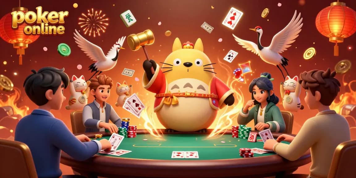 Jouez au poker en ligne avec des jetons et des cartes aux tables animées dans une ambiance festive et colorée.
