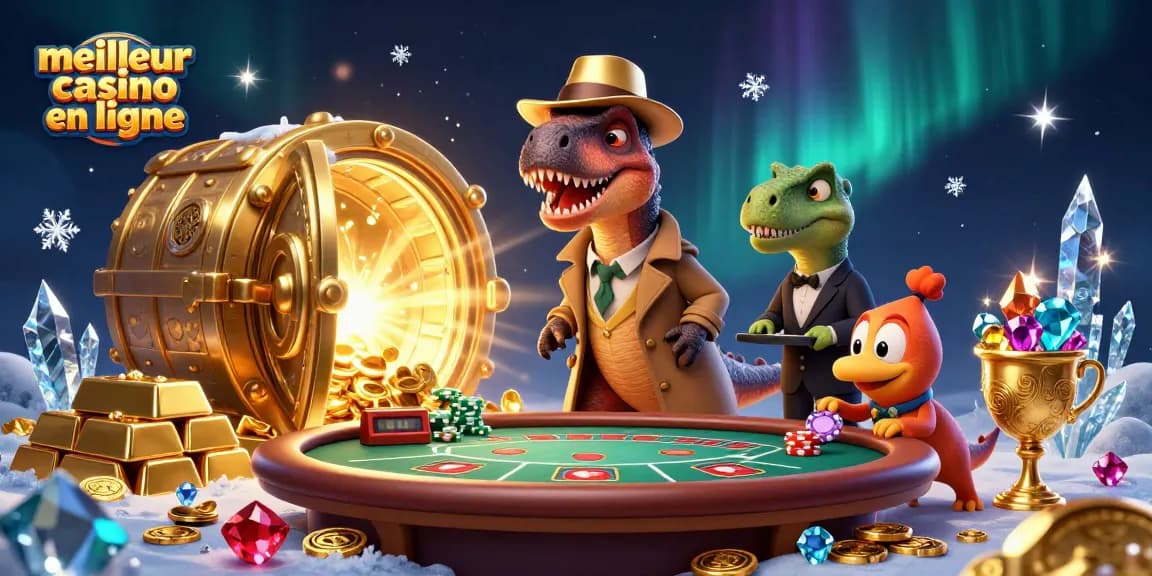 Illustration animée représentant le meilleur casino en ligne avec un velociraptor comptant des cartes.