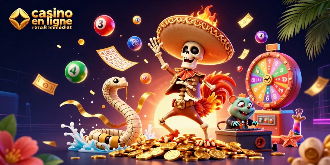 Illustration dynamique d'un casino en ligne avec retrait immédiat, mettant en scène un mariachi, un serpent et un DJ entourés d'éléments de jeu.
