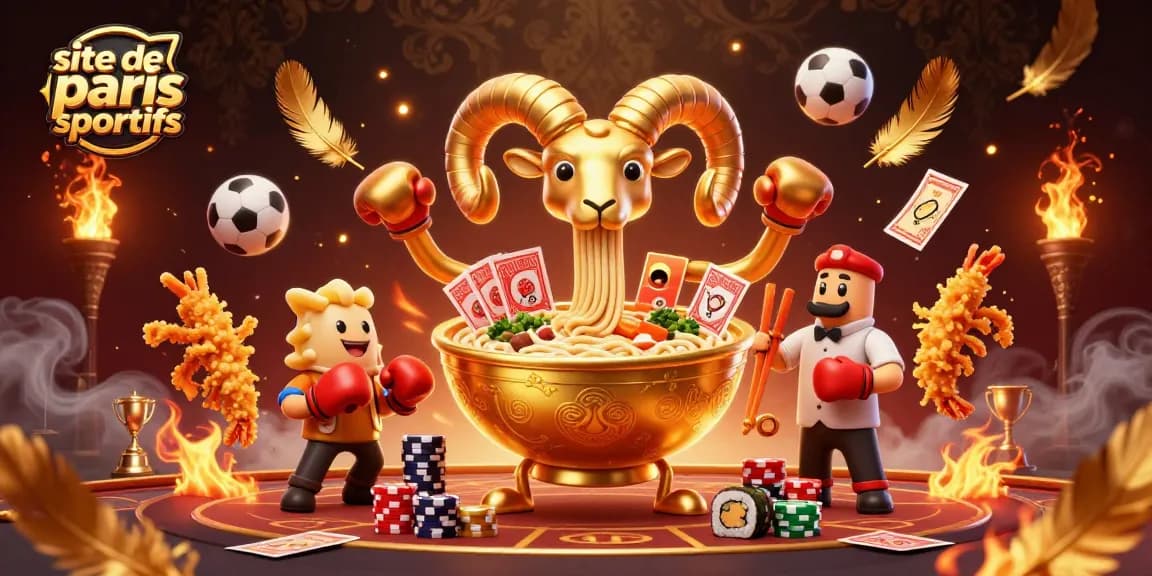 Illustration dynamique avec un bol ramen doré et des personnages, représentant un site de paris sportifs passionnant.