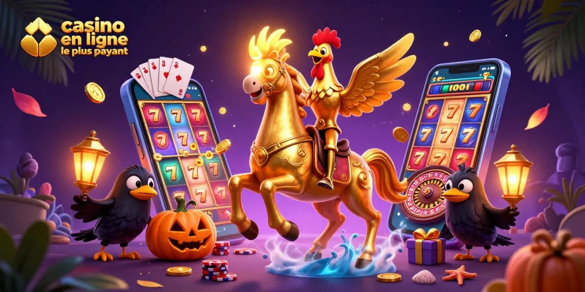Ce dessin dynamique montre un casino en ligne le plus payant, avec un coq doré et des éléments de jeu.