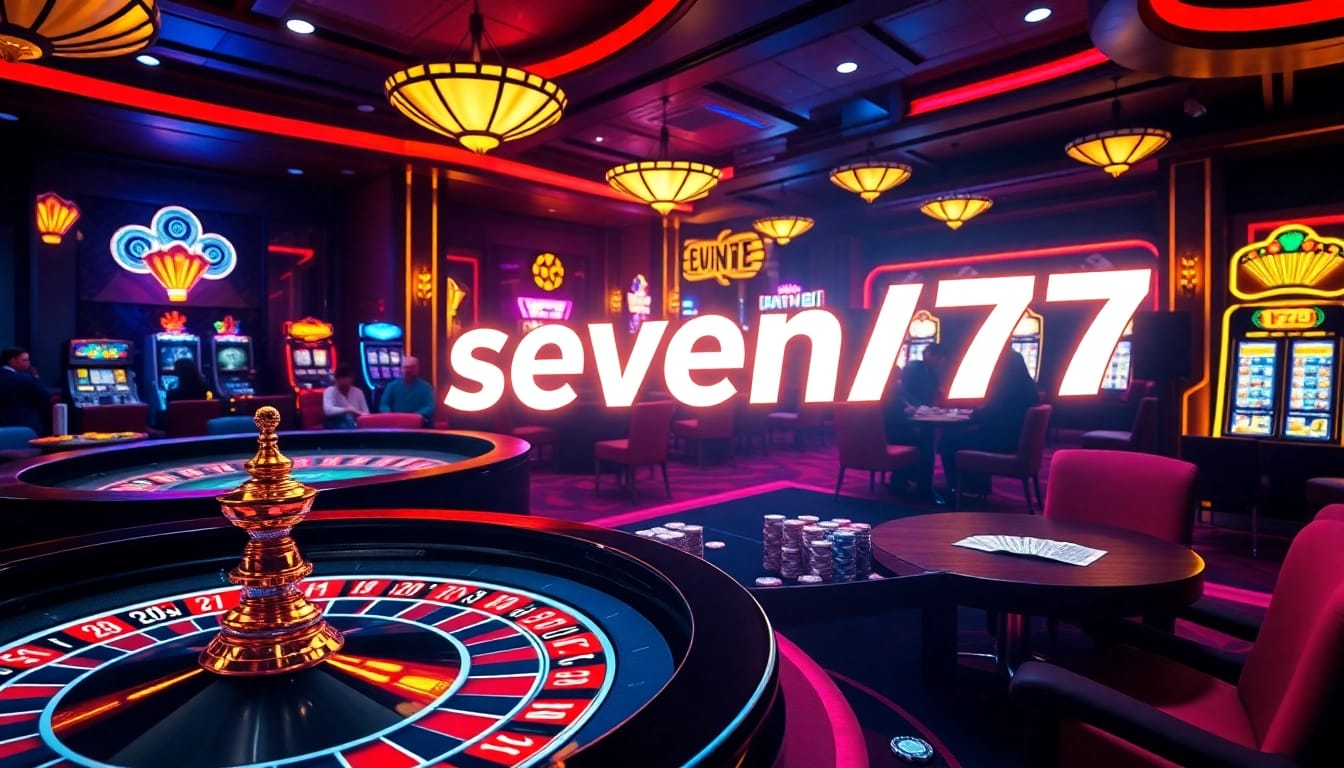 Experience the excitement of seven77 at a vibrant casino with poker tables and roulette wheels.