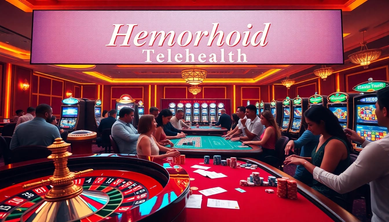 Gamblers enjoying a thrilling experience at a casino, highlighting Hemorrhoid telehealth in an engaging visual.