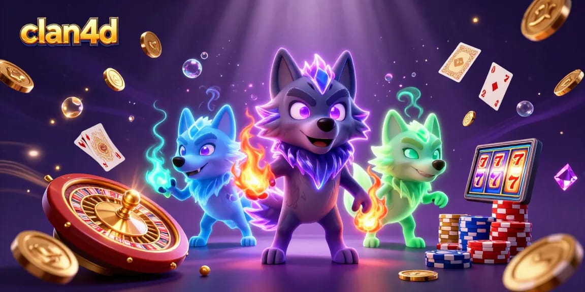 Engage with clan4d's thrilling casino experience showcasing animated wolves amidst cascading coins and roulette.