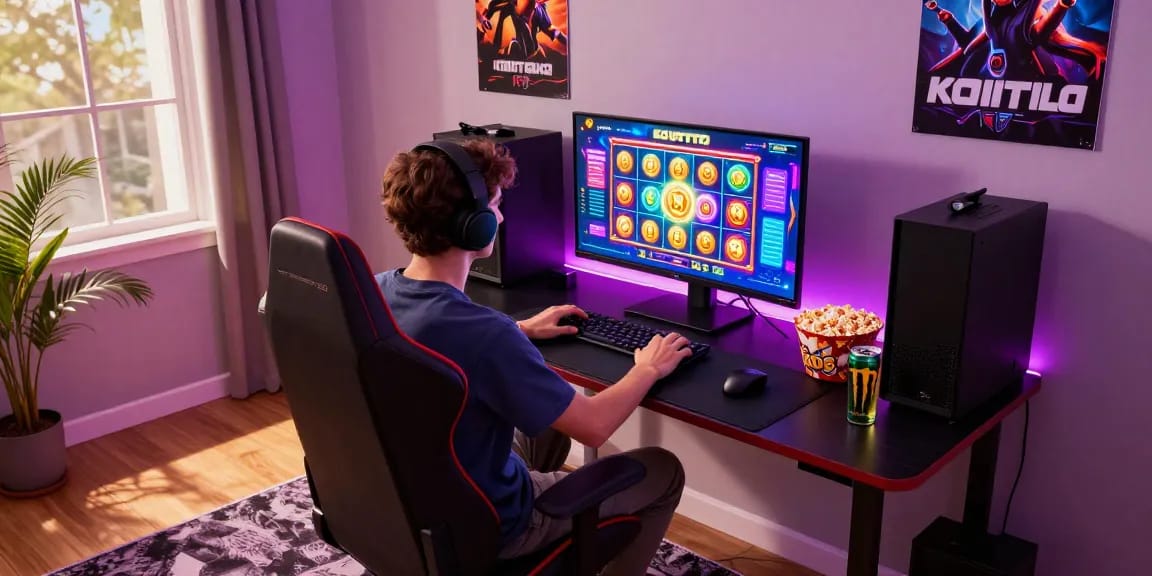 Engaging gaming scene featuring KOITOTO online slots, young adult enjoying gameplay in a stylish home environment with vibrant LED lights.