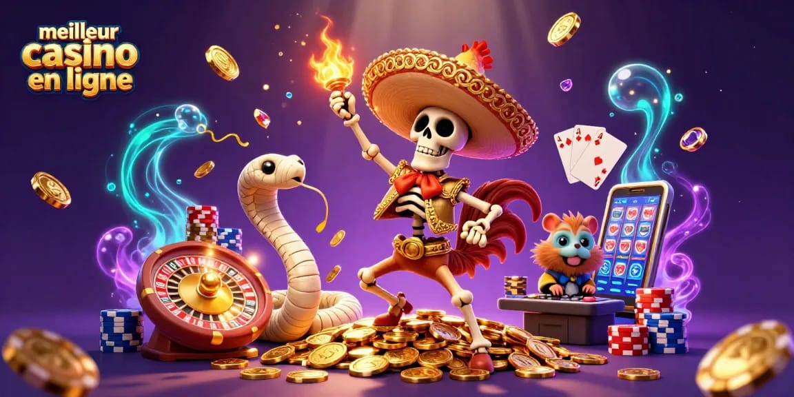 Action dynamique illustrant le meilleur casino en ligne avec un rooster mariachi sur une pile de pièces d'or