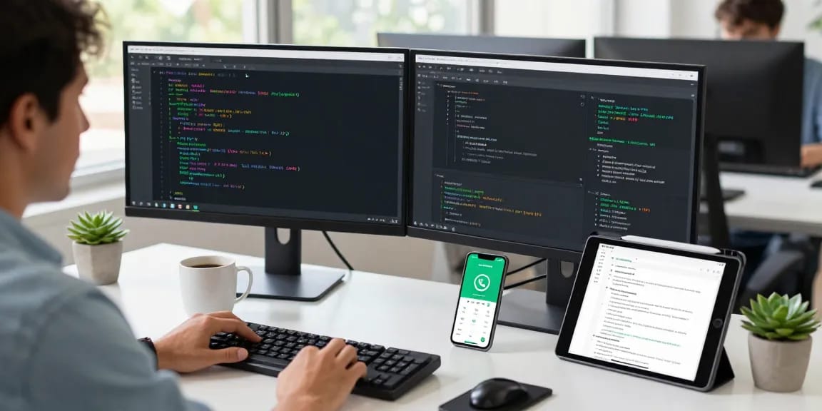 WhatsApp下載 in a modern tech workspace with dual monitors displaying app code and a smartphone showing the WhatsApp interface.