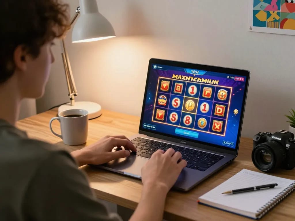 Player enjoying Gori77 online slots on laptop, vibrant game interface and cozy setup