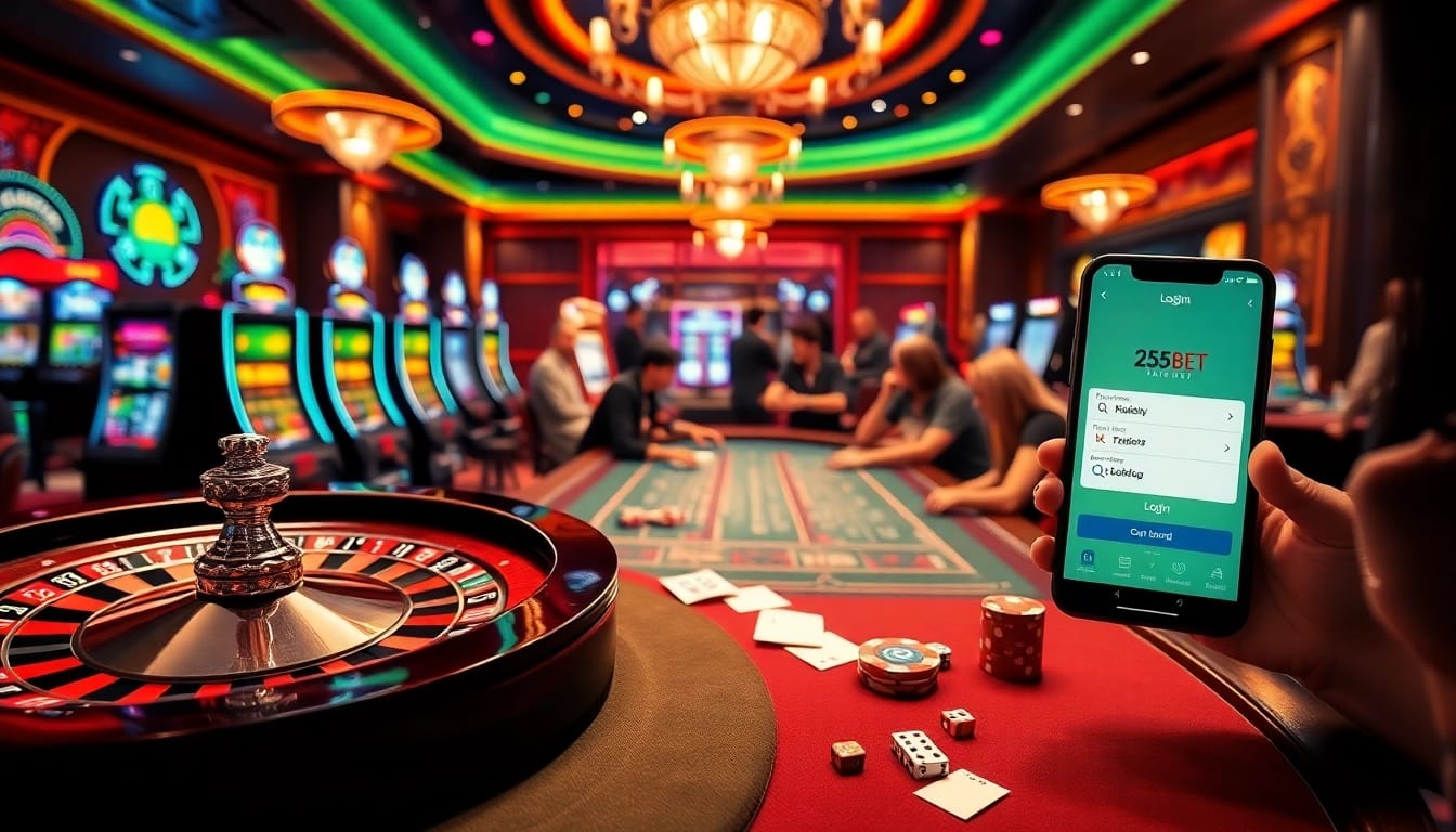 Engage with the 255BET Login while enjoying a luxurious casino atmosphere filled with poker chips and slot machines.