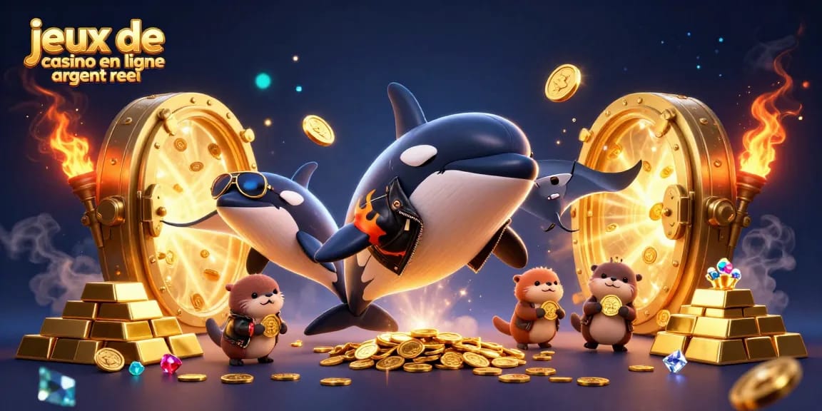 Jouez aux jeux de casino en ligne argent réel avec cette scène captivante illustrant un orque, une raie, et des loutres.
