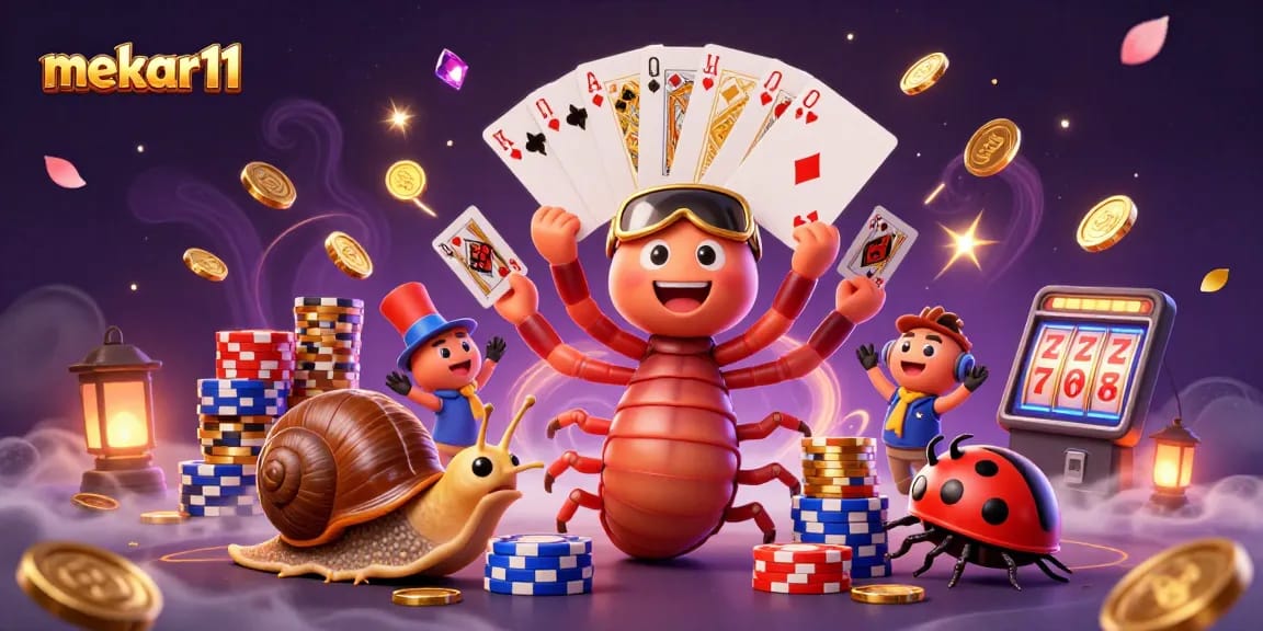 Mekar11's slot games come alive as colorful characters deal cards amidst cascading coins and vibrant gems.