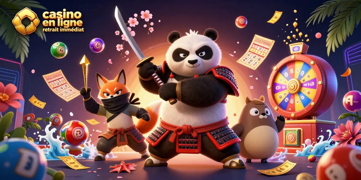 Remportez des gains avec le casino en ligne retrait immédiat, illustré par un panda samouraï et un renard ninja.