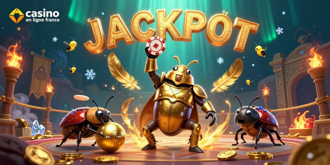Visuel illustratif du casino en ligne France avec des personnages en 3D célébrant un jackpot avec des éléments de jeu autour d'eux.