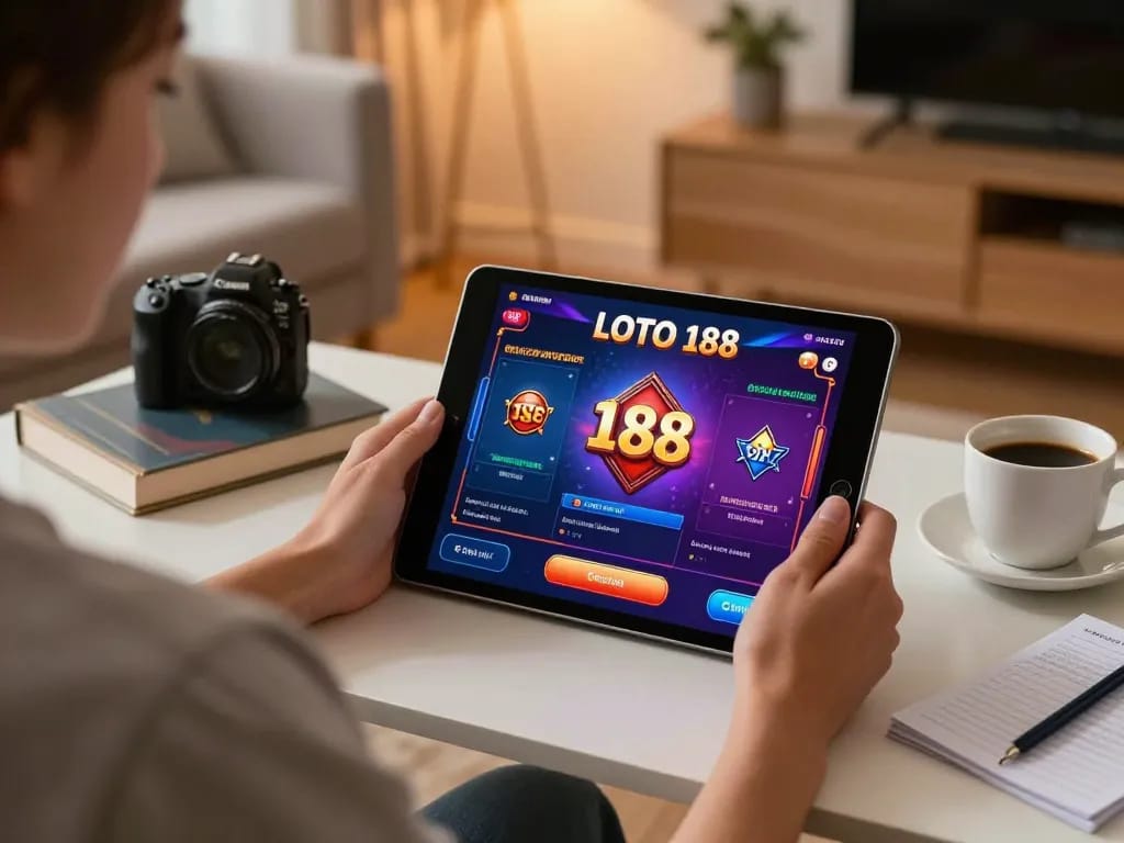 Engaging in LOTO 188 online gaming with a tablet in a cozy home setting, emphasizing responsible betting strategy.
