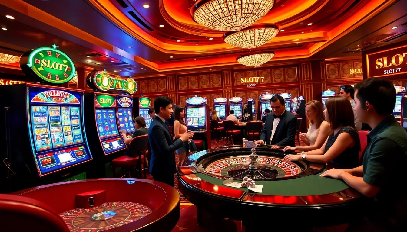 Experience the thrill of winning at slot777 with vibrant slot machines and joyful players.