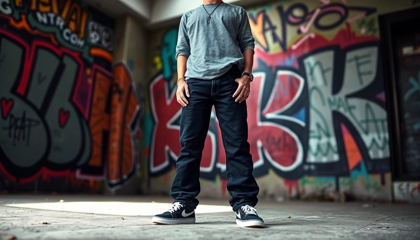 Model showcasing baggy black jeans against a vibrant urban backdrop.