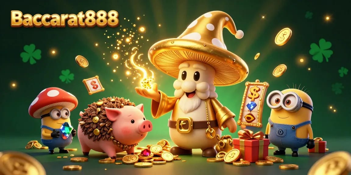 Baccarat888 showcases a vibrant illustration featuring a golden wizard, treasure pig, and gemstone-carrying minions in a dynamic casino scene.