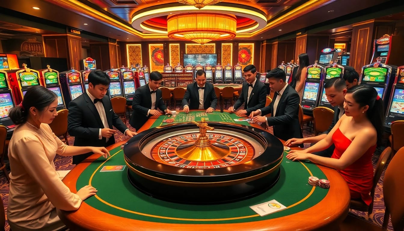 Exciting casino scene with TK88-themed roulette table and diverse players placing bets.