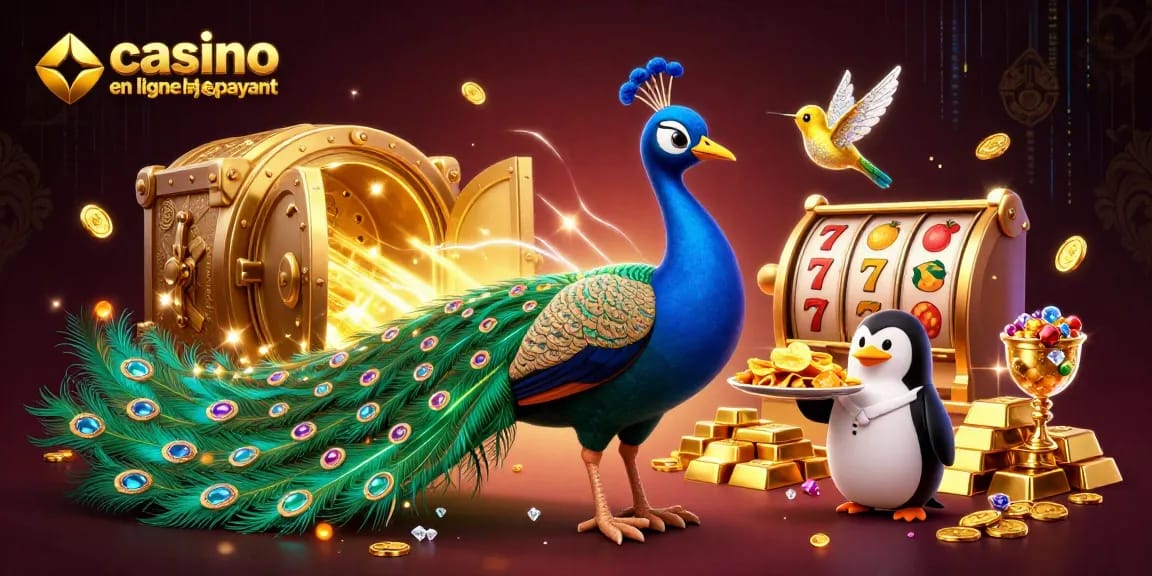 Casino en ligne le plus payant, illustration d’un paon aristocratique et un pingouin serveur avec des jetons d’or.
