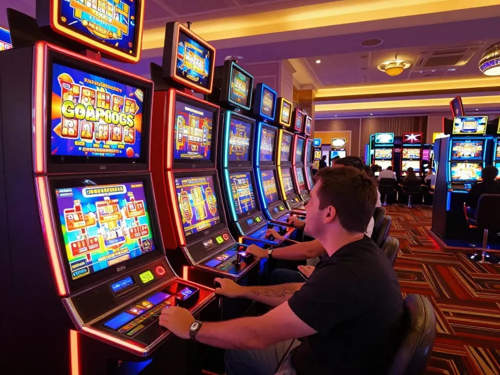 giường bệnh nhân players engaging with colorful slot machines in a vibrant casino atmosphere