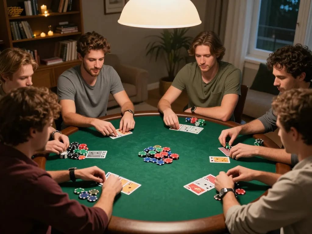 Friends enjoying poker at home table with chips and cards showcasing sc88 gaming experience.