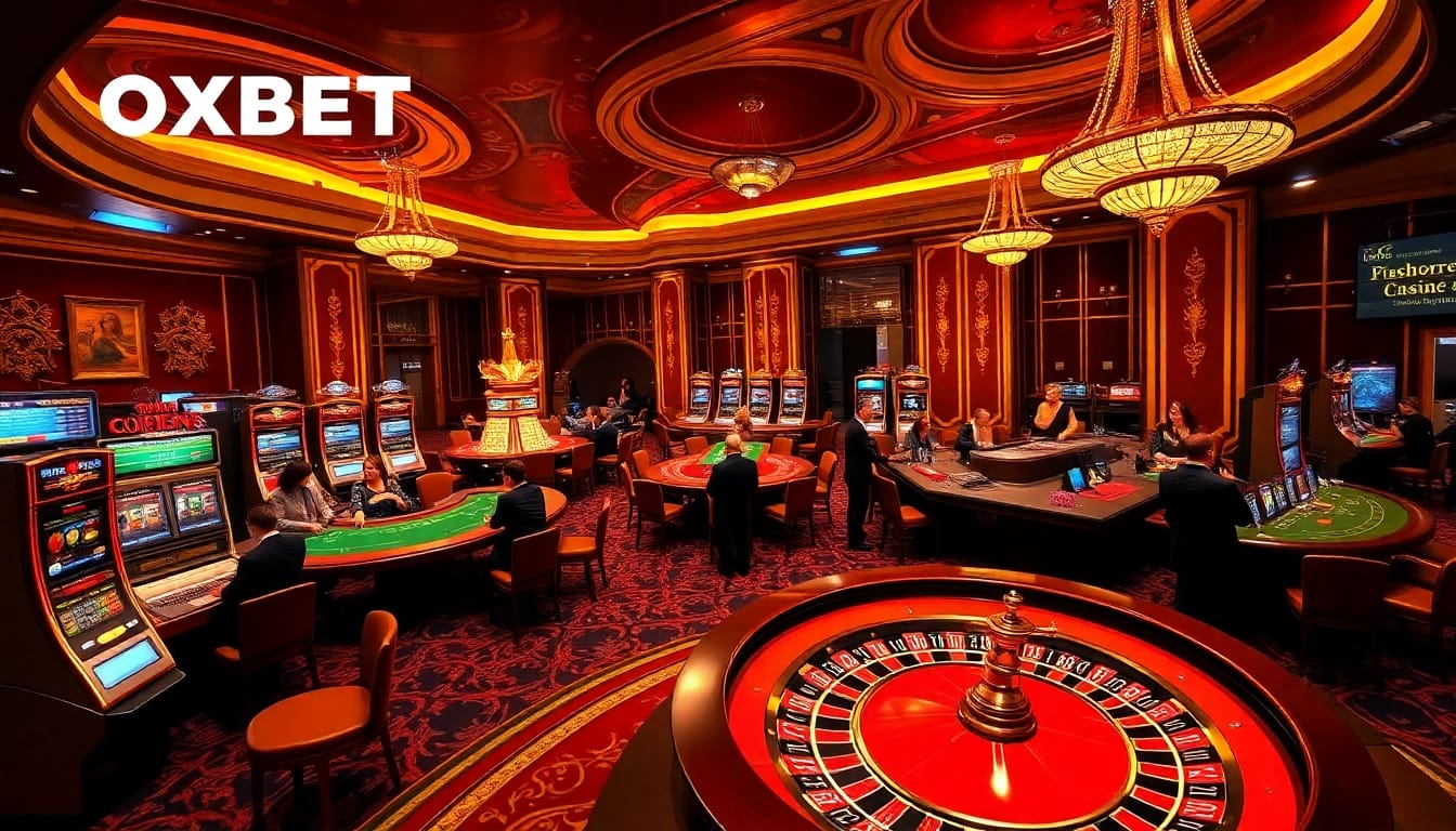 Experience the excitement of gaming at OXBET.COM with vibrant casino scenes featuring poker and slots.