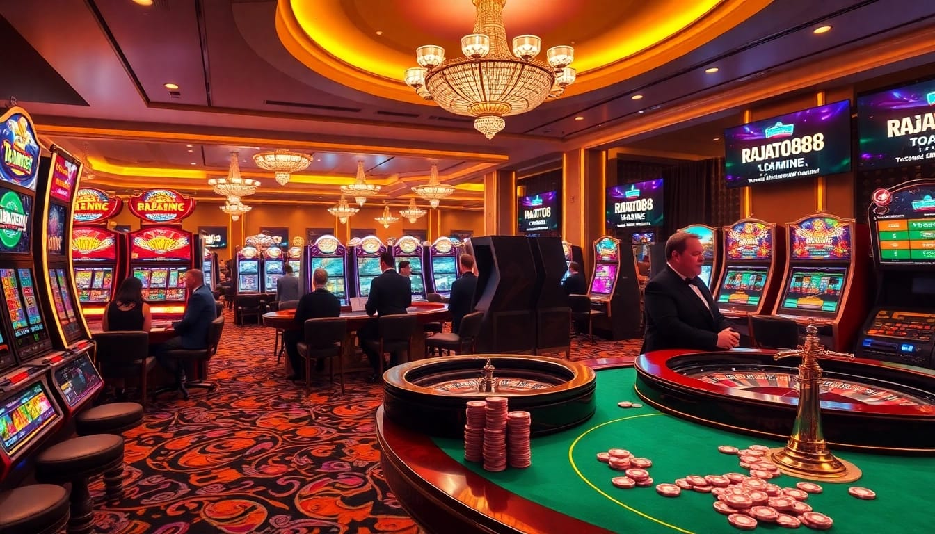 Players winning big at rajatoto88 amidst the excitement of vibrant slot machines and classic casino games.