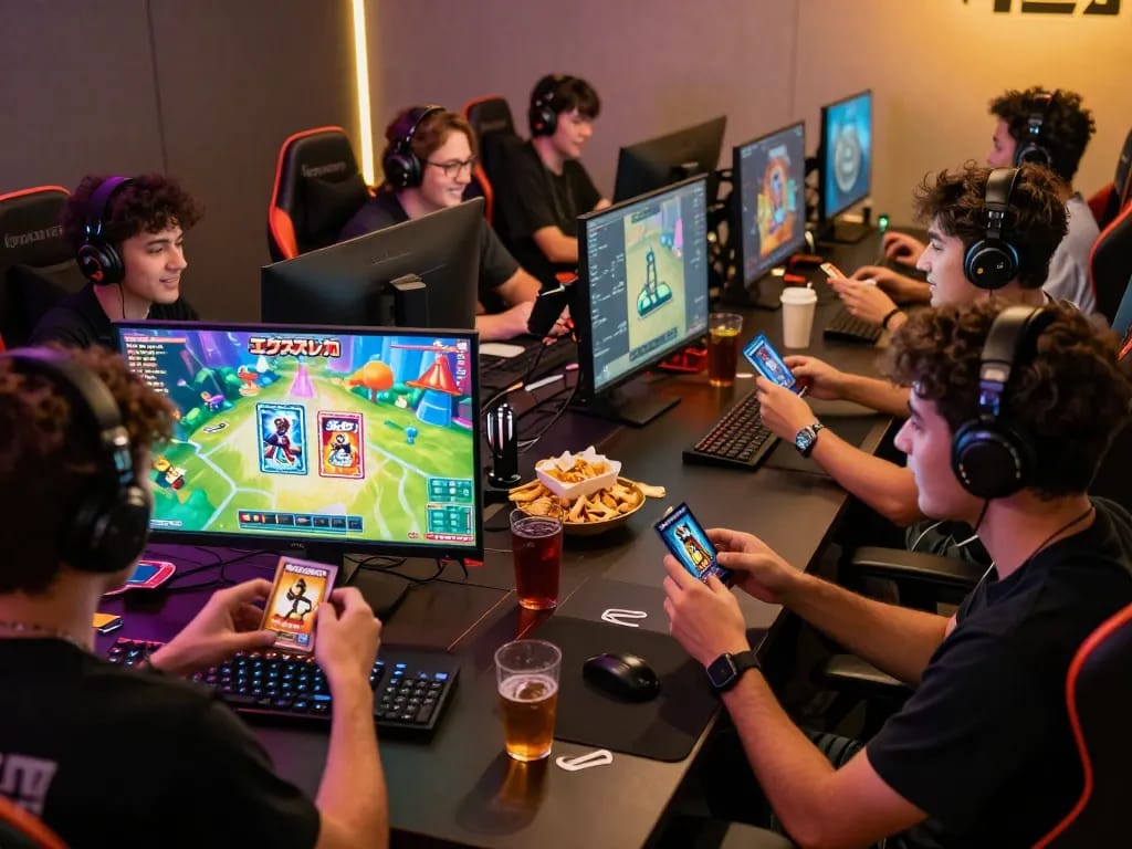 エクストレカ評判 オンラインゲームの友人たちが鮮やかなグラフィックでカードパックの開封を楽しんでいる