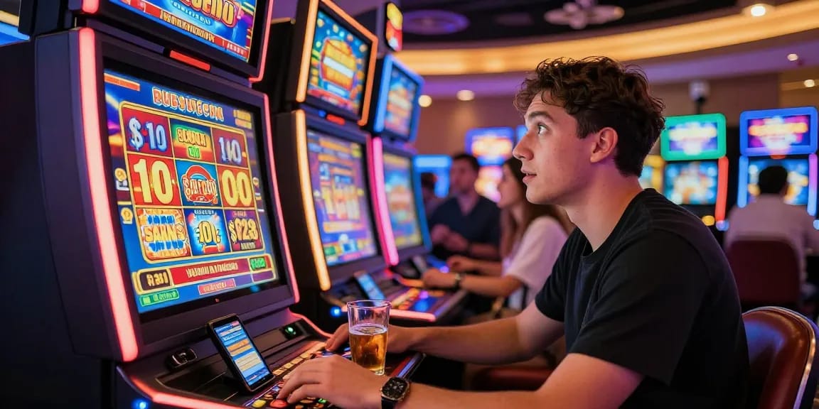 Player at https://oxfordbedbreakfast.co.uk/ enjoying Bonus Buy slots in lively casino interior, vibrant graphics and excitement.