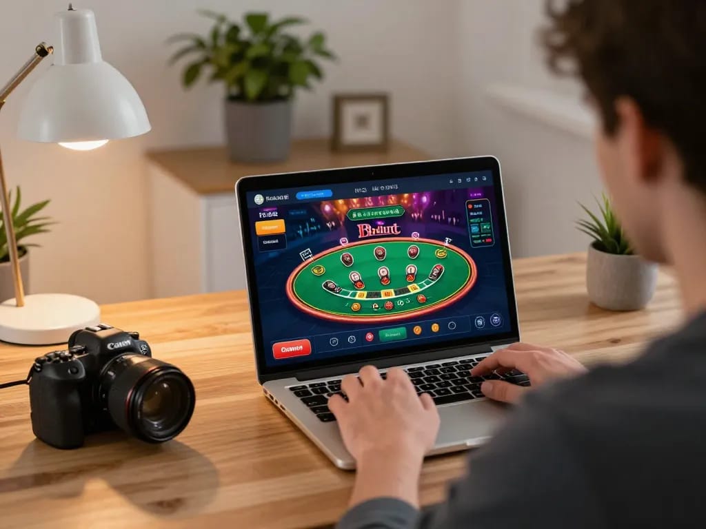 A player engaging with the BL555 online gambling platform while strategizing for a live blackjack game at home.