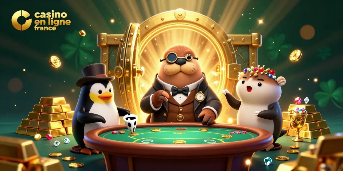 Jouer à des jeux de casino en ligne France avec un manchot et un poisson-globe bluffant à une table de poker sous-marine.