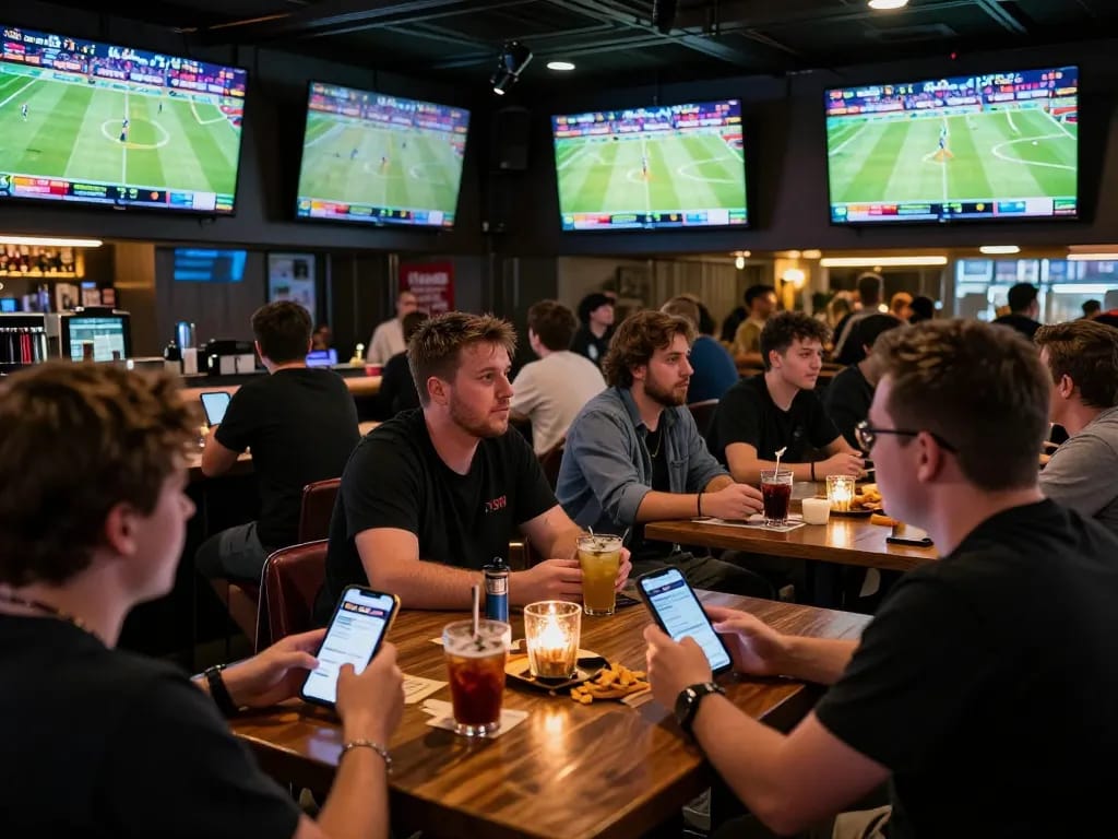 Patrons engage in lively sports betting at a bar using the alexis77 platform, enhancing their viewing experience.